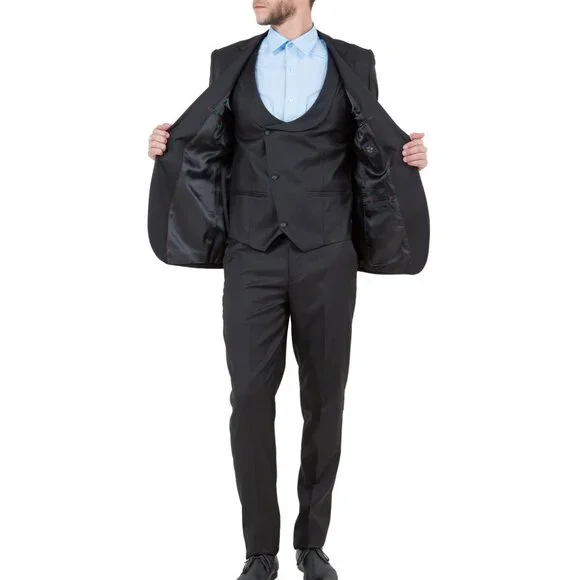Black Notch Lapel Double Breasted Collared Vest Skinny Fit
